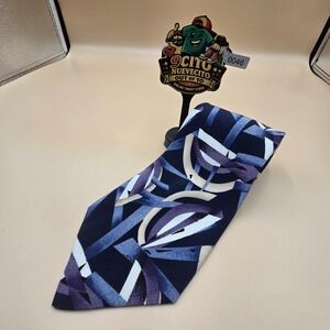 Brandini Mens Silk Necktie Abstract Geometric Navy Blue Purple Tan White‎